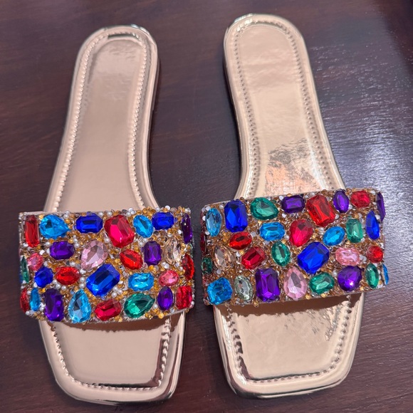 Embellished Gold Slide Sandals - Picture 3 of 8